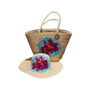 Floral Hand Painted Beach Bag with Matching Hat  !